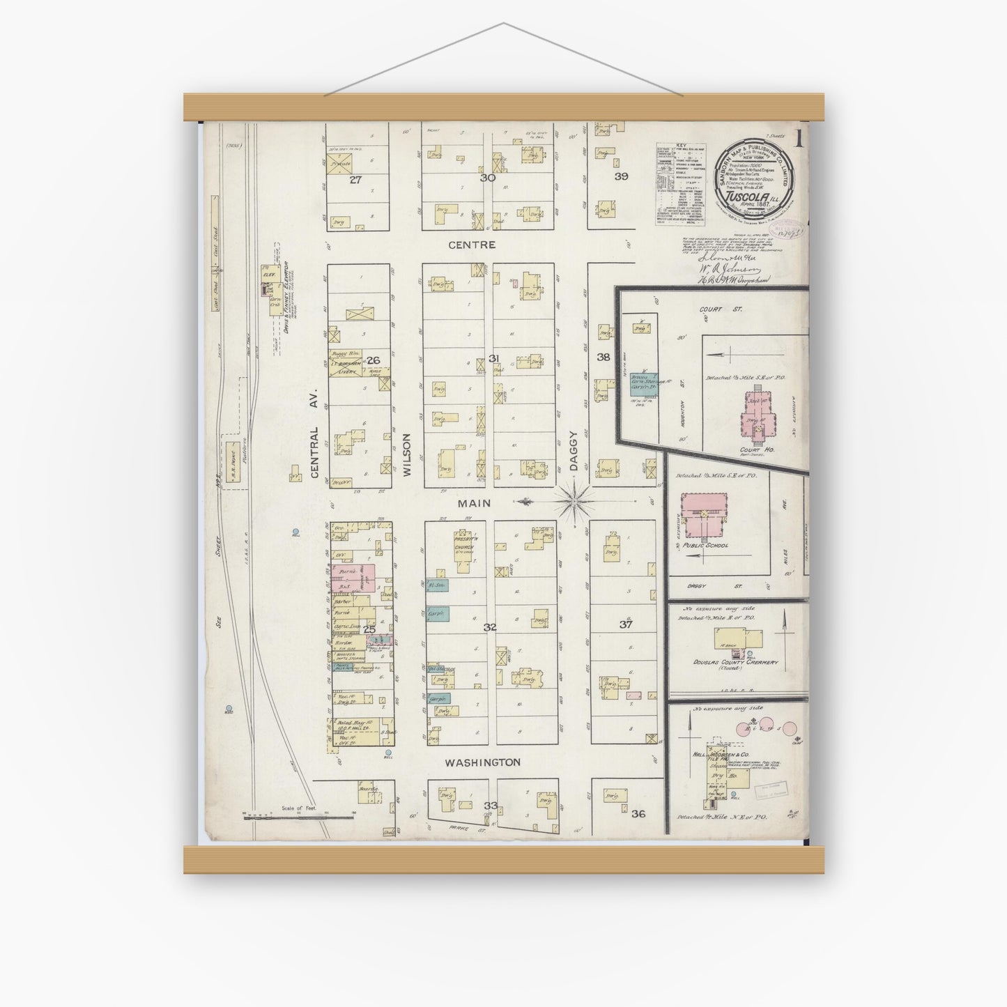 Old map wall art mockup — magnetic wood frame on white wall — Sanborn Fire Insurance Map from Tuscola, Douglas County, Illinois (1887) - Complete Map Set