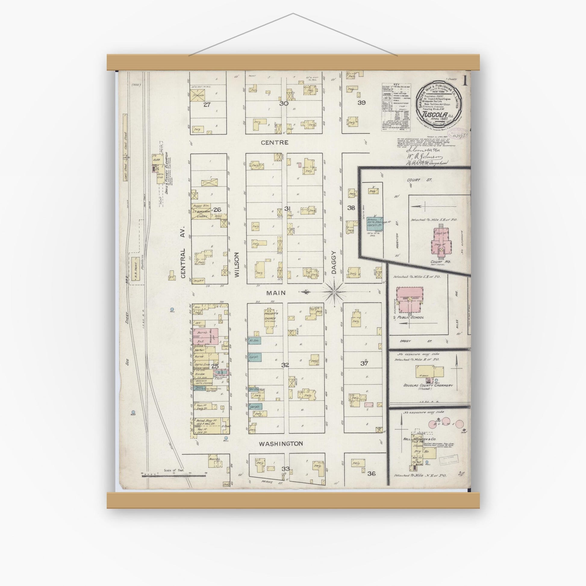 Old map wall art mockup — magnetic wood frame on white wall — Sanborn Fire Insurance Map from Tuscola, Douglas County, Illinois (1887) - Complete Map Set