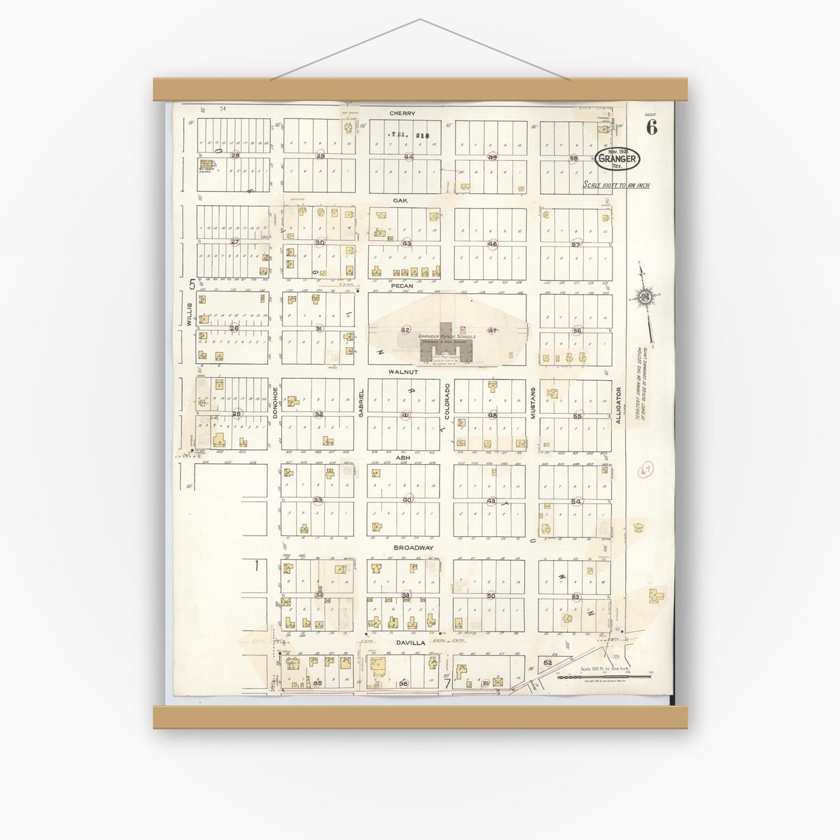 Old map wall art mockup — magnetic wood frame on white wall — Sanborn Fire Insurance Map from Granger, Williamson County, Texas (1940), Sheet #0006