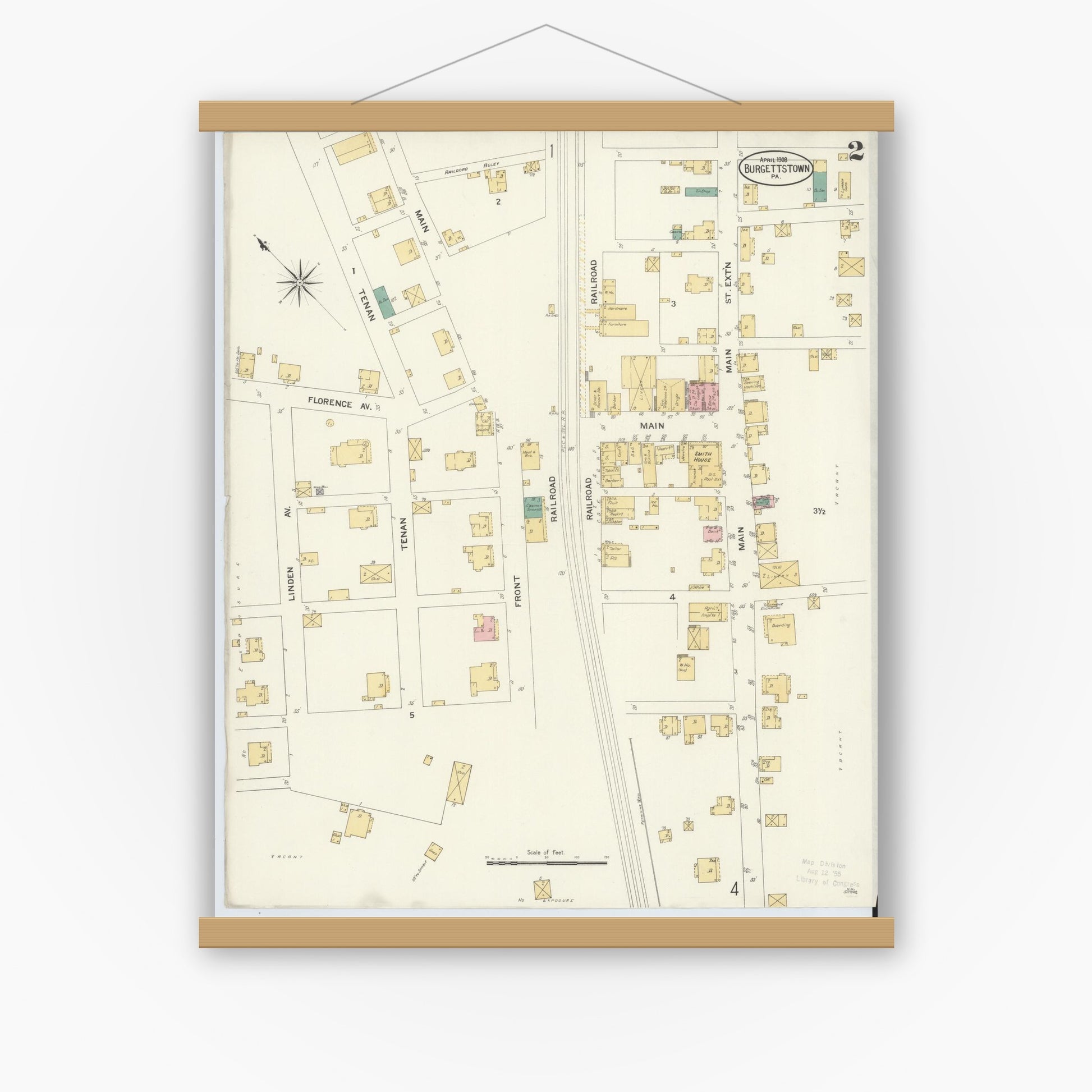 Old map wall art mockup — magnetic wood frame on white wall — Sanborn Fire Insurance Map from Burgettstown, Washington County, Pennsylvania (1908), Sheet #0002