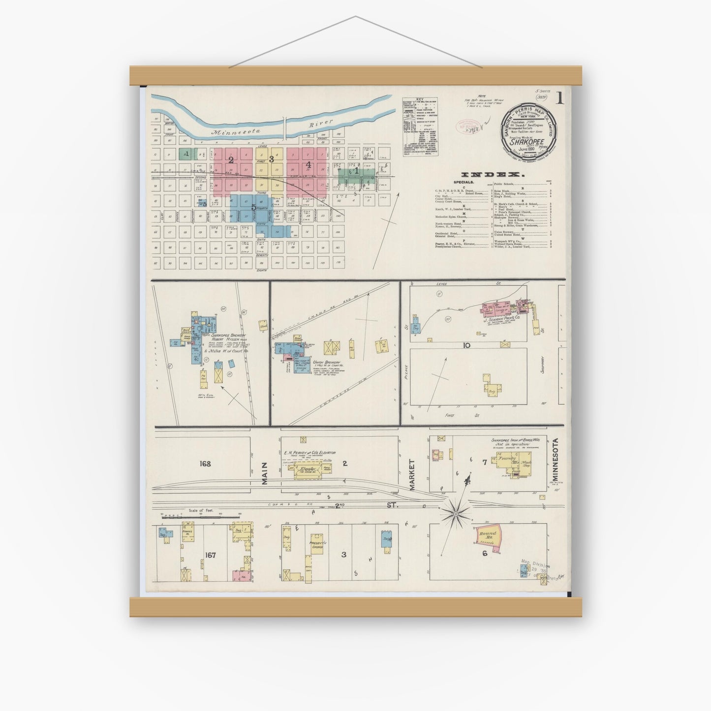 Old map wall art mockup — magnetic wood frame on white wall — Sanborn Fire Insurance Map from Shakopee, Scott County, Minnesota (1890), Sheet #0001