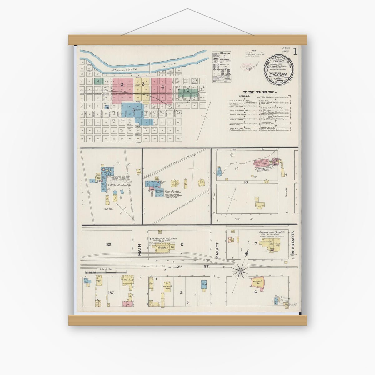 Old map wall art mockup — magnetic wood frame on white wall — Sanborn Fire Insurance Map from Shakopee, Scott County, Minnesota (1890), Sheet #0001