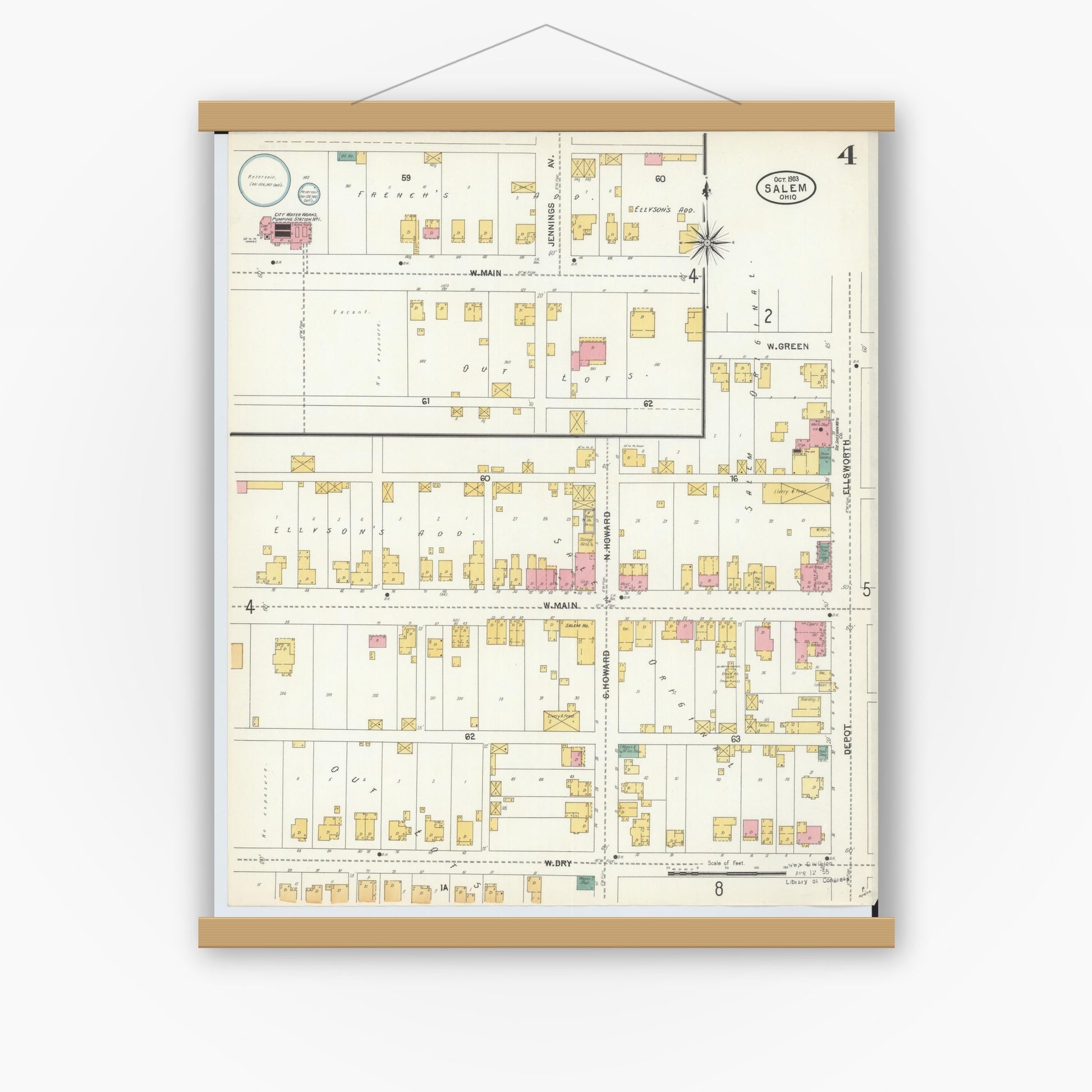 Old map wall art mockup — magnetic wood frame on white wall — Sanborn Fire Insurance Map from Salem, Columbiana County, Ohio (1903), Sheet #0004
