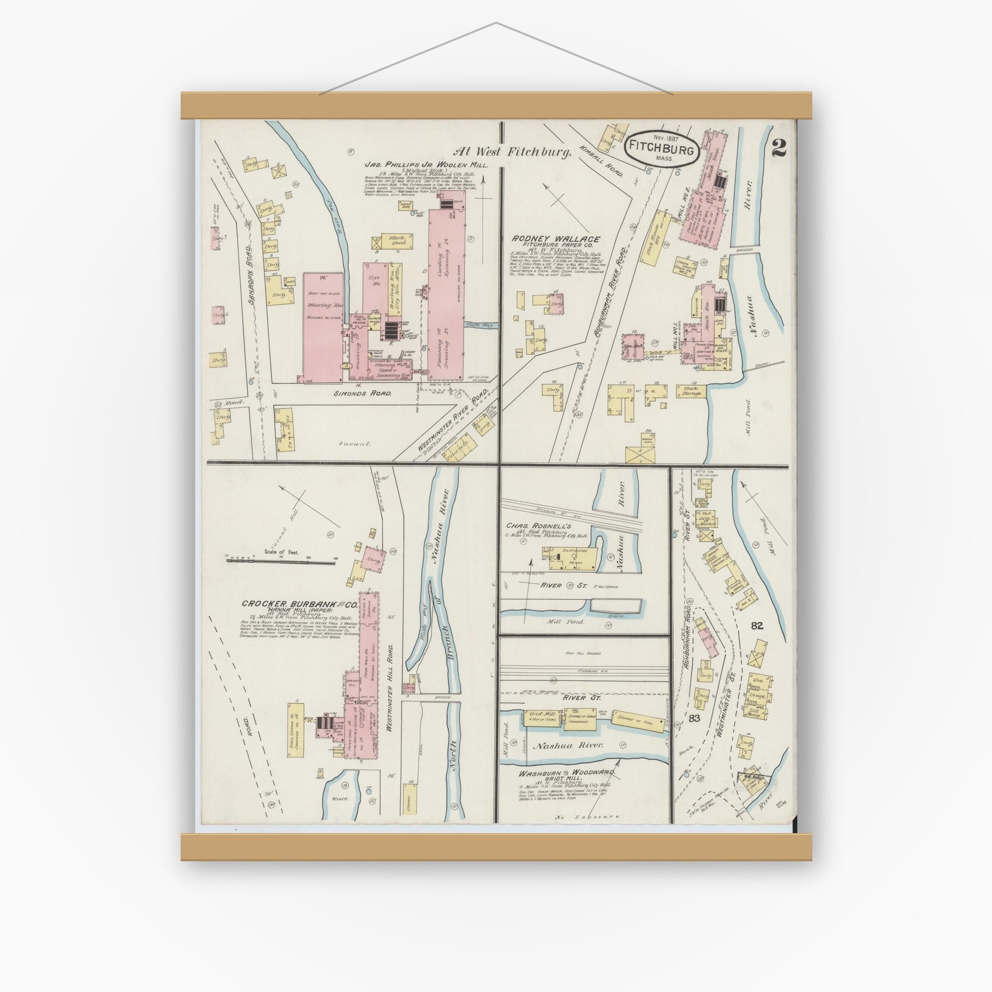 Old map wall art mockup — magnetic wood frame on white wall — Sanborn Fire Insurance Map from Fitchburg, Worcester County, Massachusetts (1887), Sheet #0002