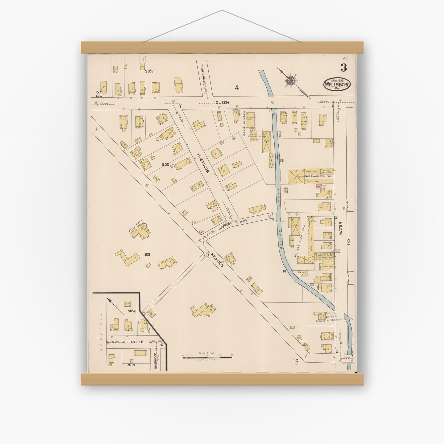 Old map wall art mockup — magnetic wood frame on white wall — Sanborn Fire Insurance Map from Wellsboro, Tioga County, Pennsylvania (1922), Sheet #0003