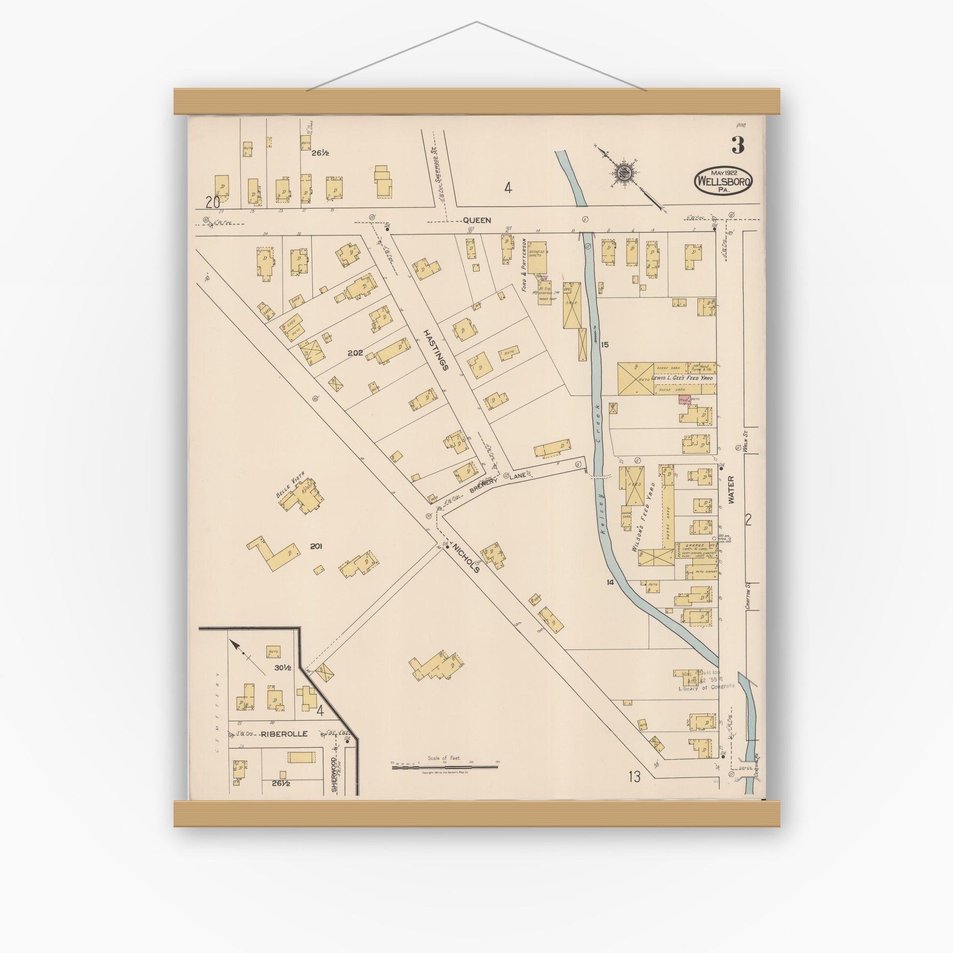 Old map wall art mockup — magnetic wood frame on white wall — Sanborn Fire Insurance Map from Wellsboro, Tioga County, Pennsylvania (1922), Sheet #0003