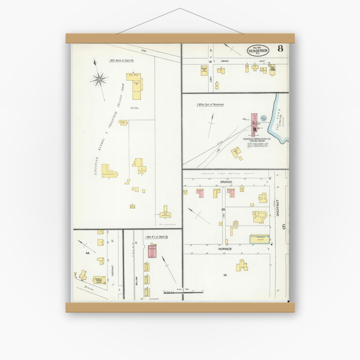 Old map wall art mockup — magnetic wood frame on white wall — Sanborn Fire Insurance Map from Henderson, Vance County, North Carolina (1901), Sheet #0008