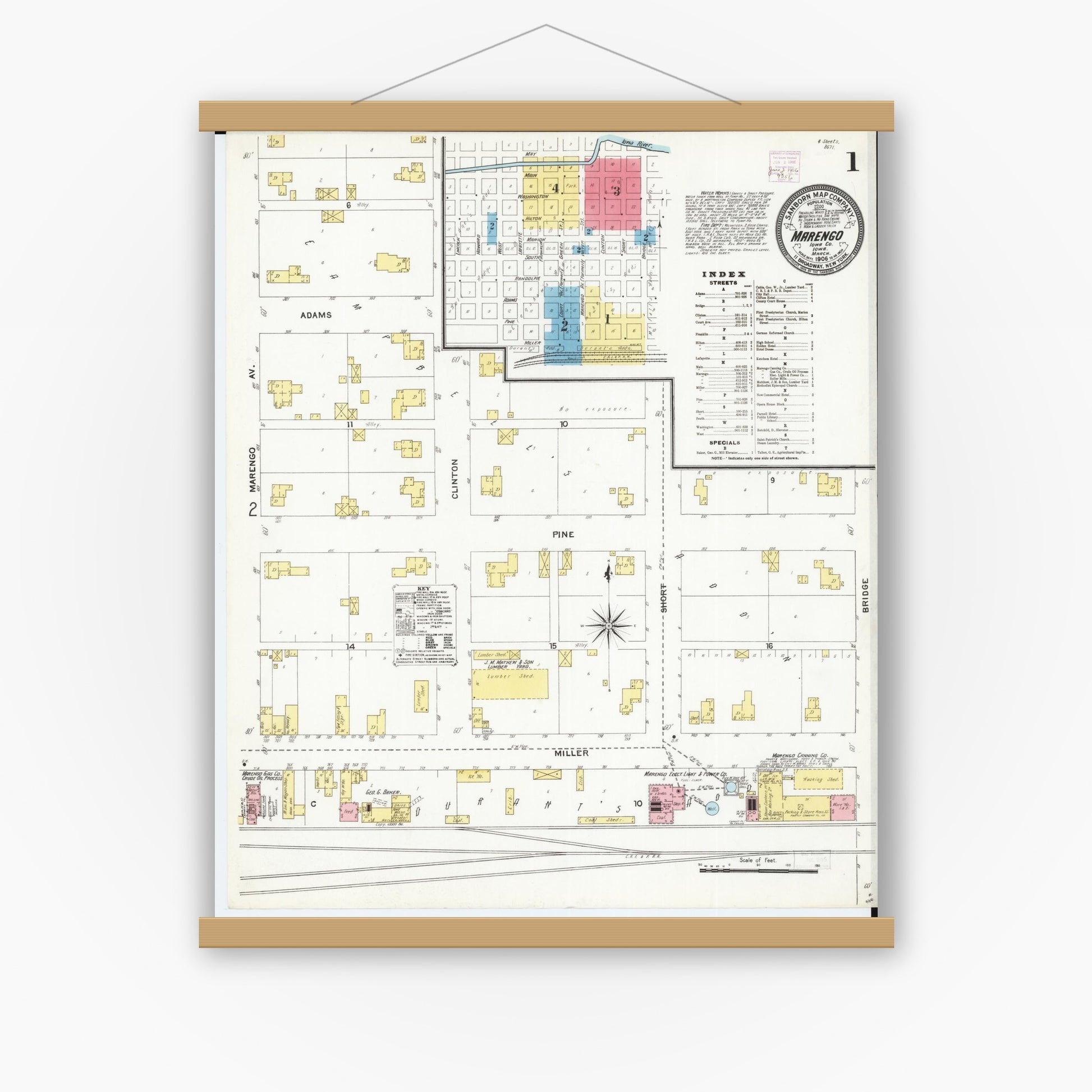 Old map wall art mockup — magnetic wood frame on white wall — Sanborn Fire Insurance Map from Marengo, Iowa County, Iowa (1906) â€” Complete Set