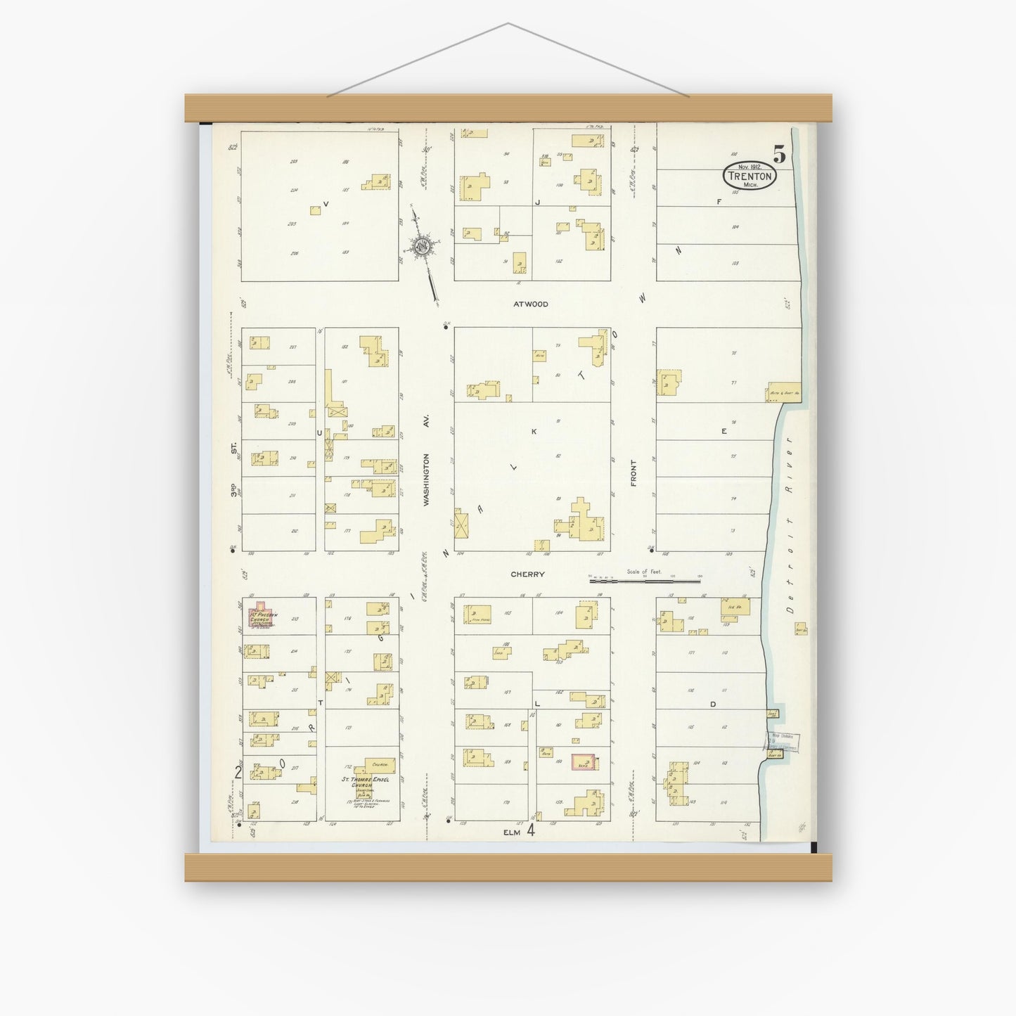 Old map wall art mockup — magnetic wood frame on white wall — Sanborn Fire Insurance Map from Trenton, Wayne County, Michigan (1912), Sheet #0005