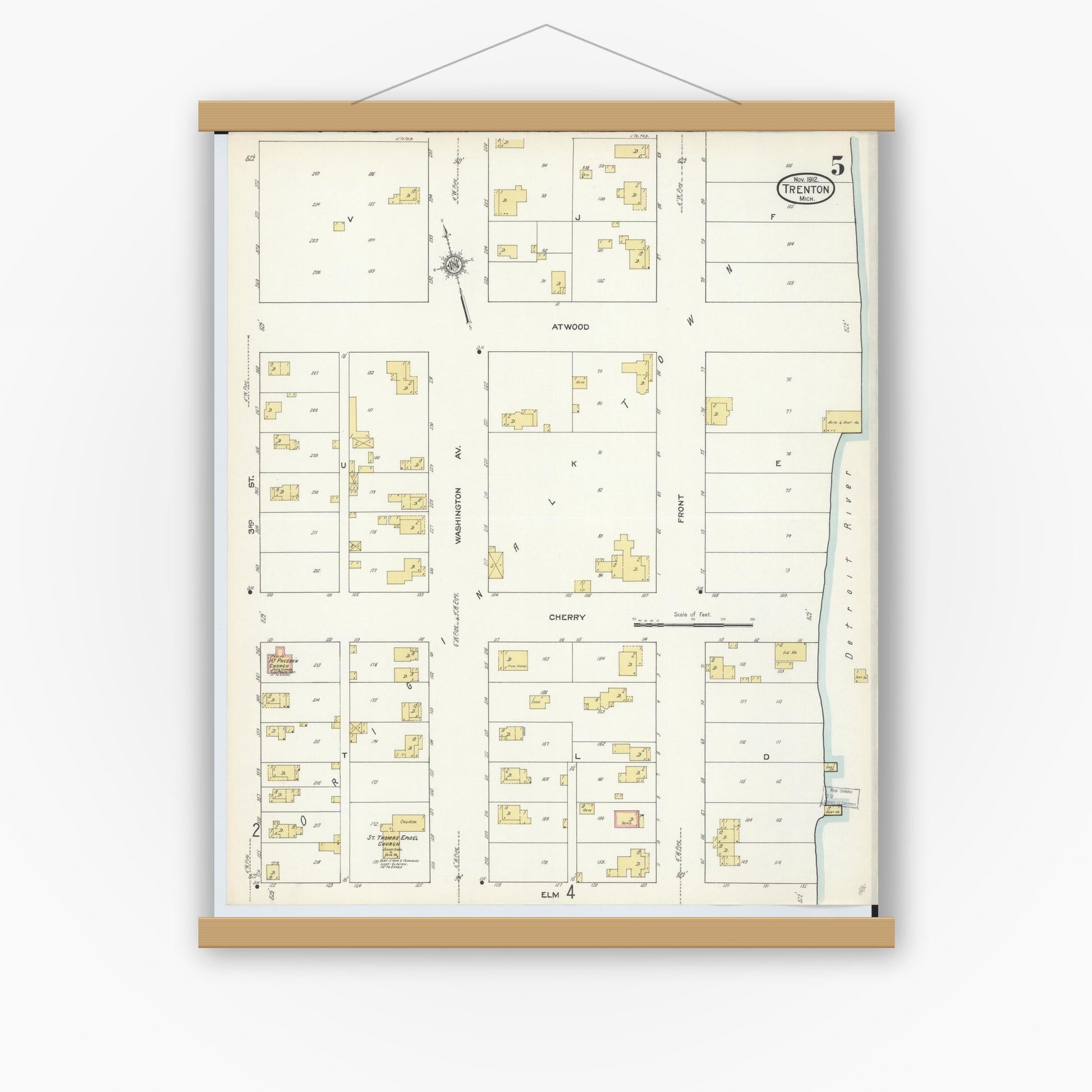 Old map wall art mockup — magnetic wood frame on white wall — Sanborn Fire Insurance Map from Trenton, Wayne County, Michigan (1912), Sheet #0005