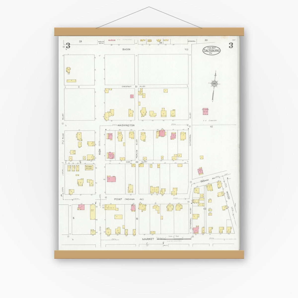 Old map wall art mockup — magnetic wood frame on white wall — Sanborn Fire Insurance Map from Saltsburg, Indiana County, Pennsylvania (1927), Sheet #0003
