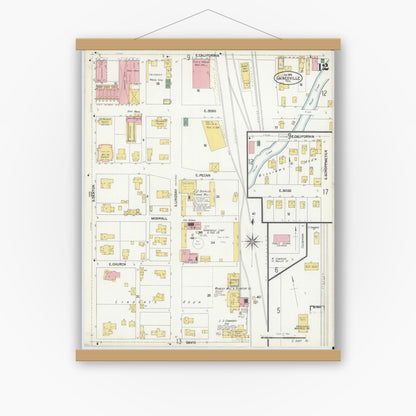 Old map wall art mockup — magnetic wood frame on white wall — Sanborn Fire Insurance Map from Gainesville, Cooke County, Texas (1902), Sheet #0012