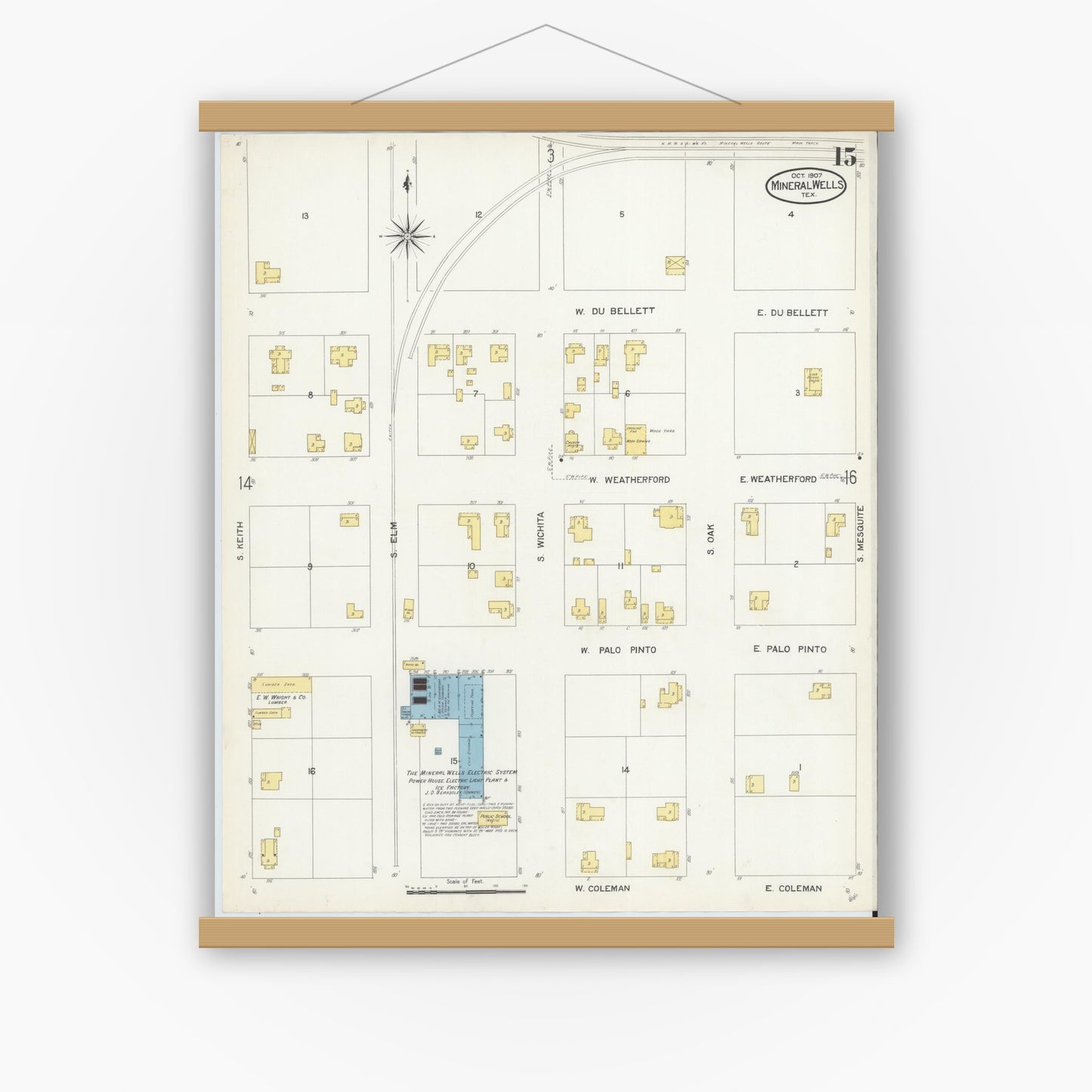 Old map wall art mockup — magnetic wood frame on white wall — Sanborn Fire Insurance Map from Mineral Wells, Palo Pinto County, Texas (1907), Sheet #0015