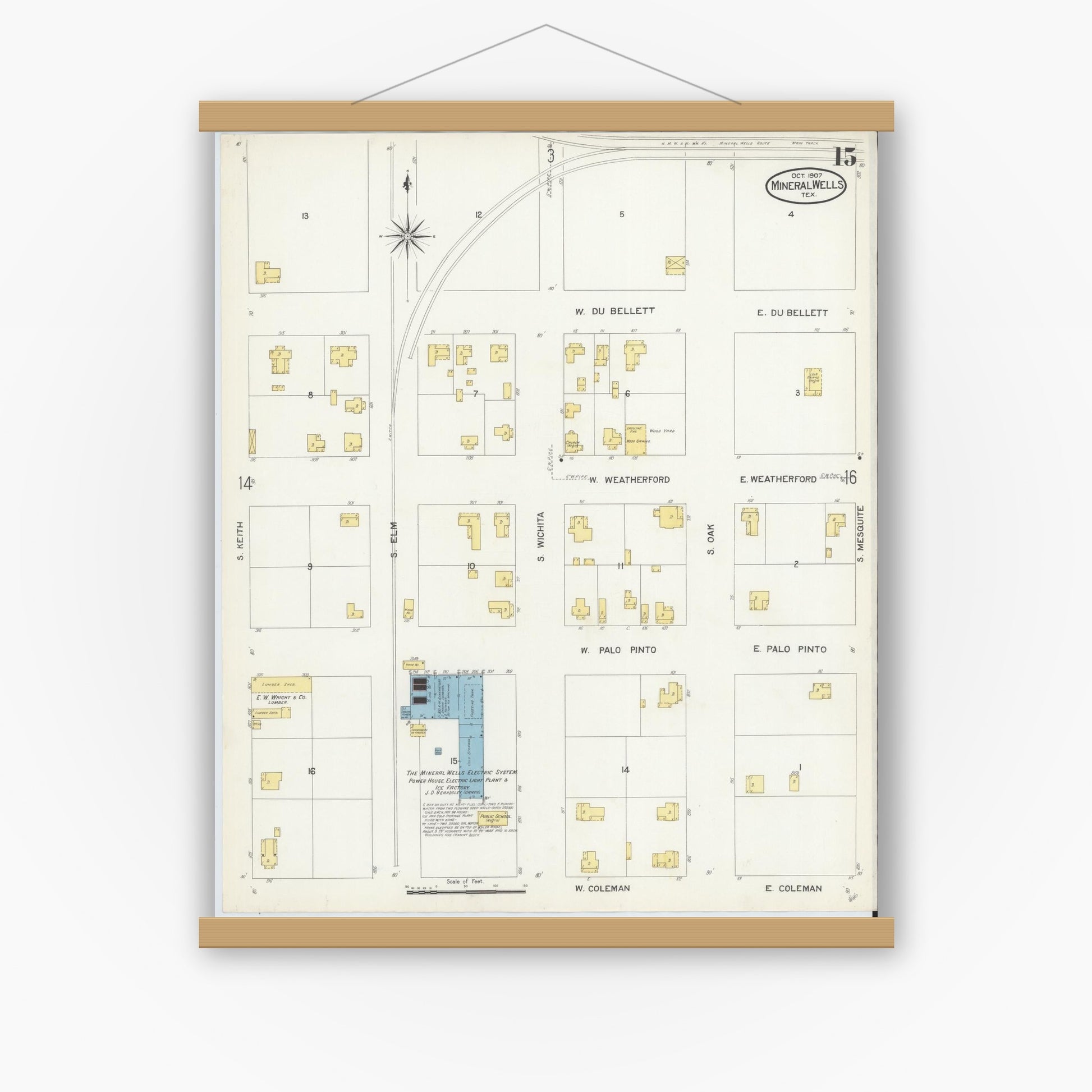 Old map wall art mockup — magnetic wood frame on white wall — Sanborn Fire Insurance Map from Mineral Wells, Palo Pinto County, Texas (1907), Sheet #0015