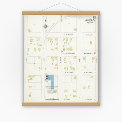 Old map wall art mockup — magnetic wood frame on white wall — Sanborn Fire Insurance Map from Mineral Wells, Palo Pinto County, Texas (1907), Sheet #0015