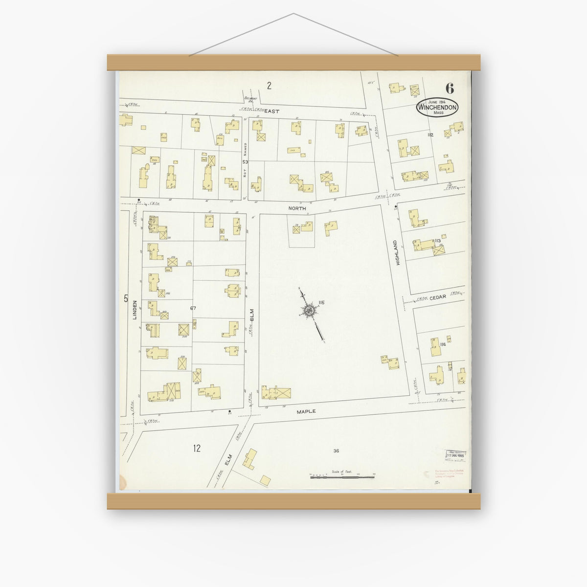Old map wall art mockup — magnetic wood frame on white wall — Sanborn Fire Insurance Map from Winchendon, Worcester County, Massachusetts (1914), Sheet #0006