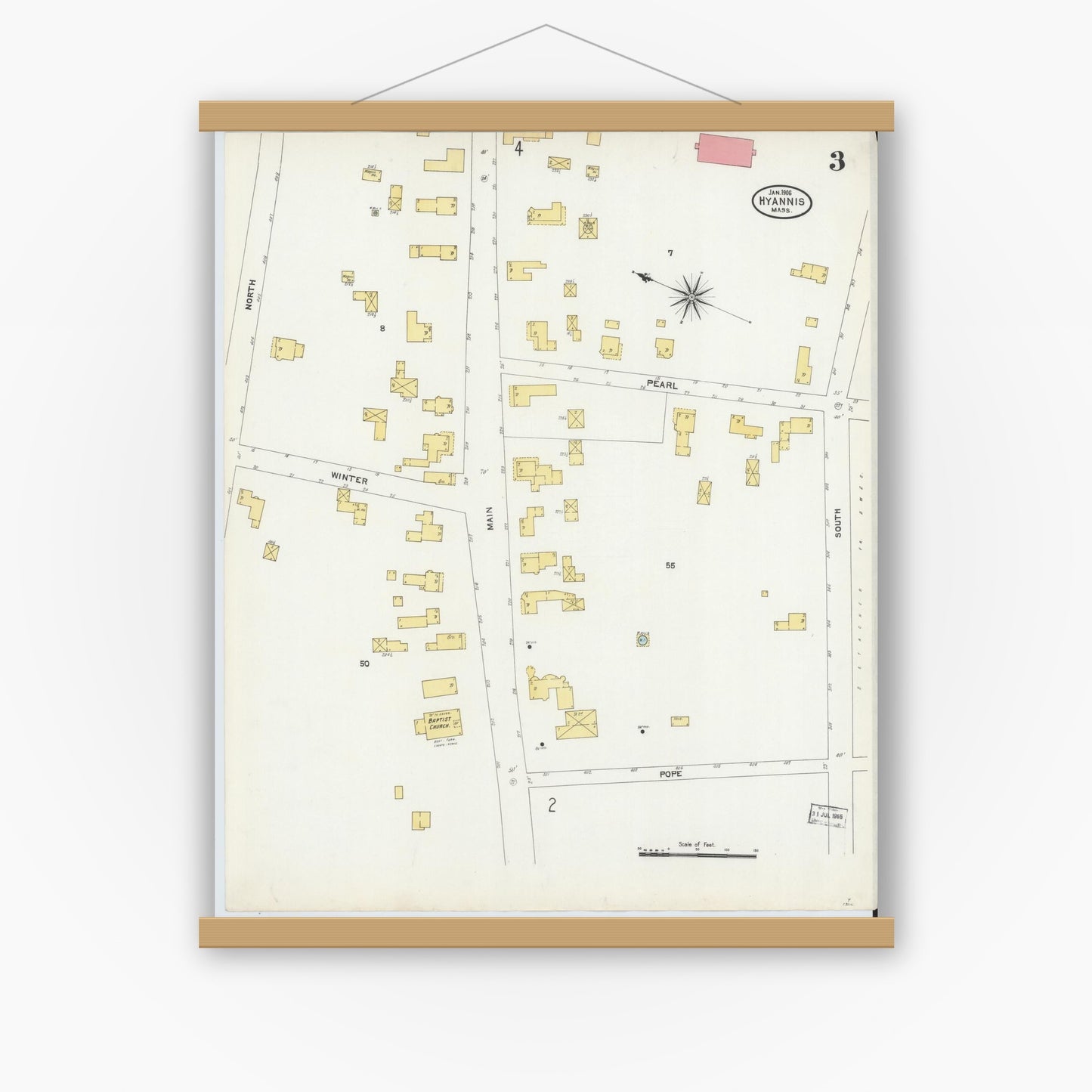Old map wall art mockup — magnetic wood frame on white wall — Sanborn Fire Insurance Map from Hyannis, Barnstable County, Massachusetts (1906), Sheet #0003
