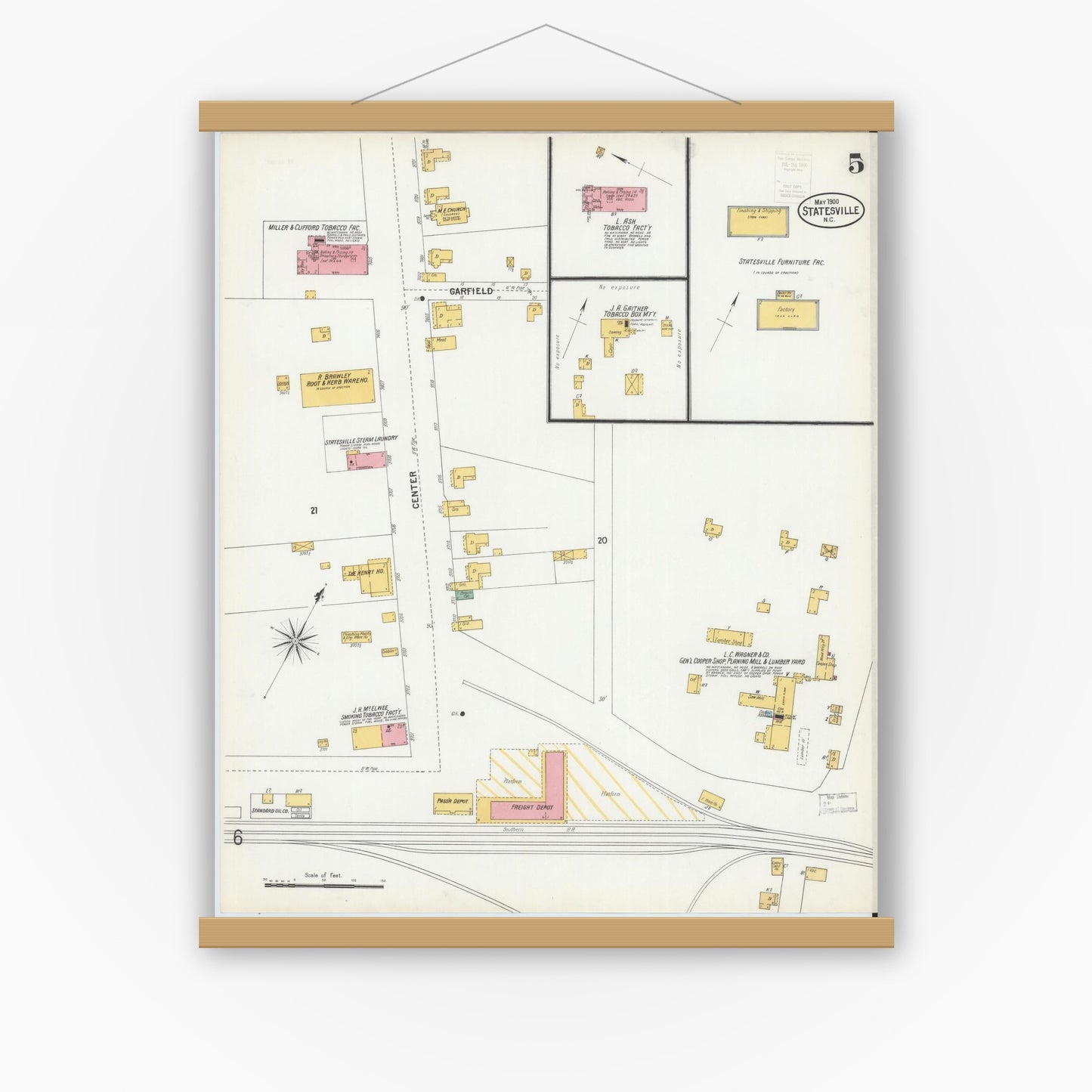Old map wall art mockup — magnetic wood frame on white wall — Sanborn Fire Insurance Map from Statesville, Iredell County, North Carolina (1900), Sheet #0005