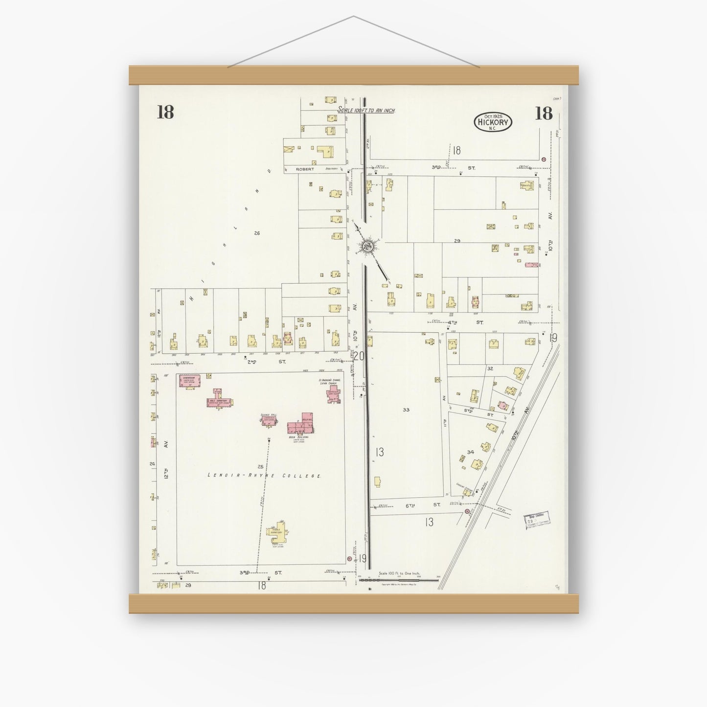 Old map wall art mockup — magnetic wood frame on white wall — Sanborn Fire Insurance Map from Hickory, Catawba County, North Carolina (1925), Sheet #0018
