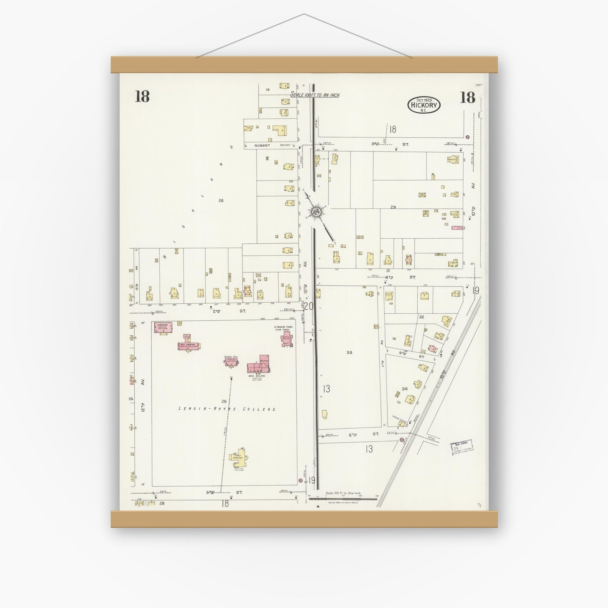 Old map wall art mockup — magnetic wood frame on white wall — Sanborn Fire Insurance Map from Hickory, Catawba County, North Carolina (1925), Sheet #0018