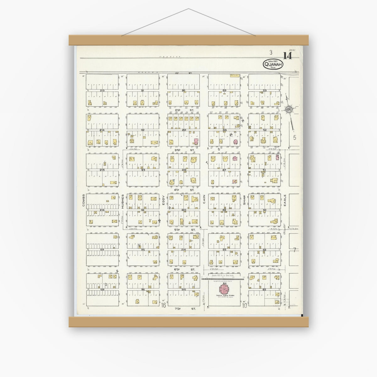Old map wall art mockup — magnetic wood frame on white wall — Sanborn Fire Insurance Map from Quanah, Hardeman County, Texas (1921), Sheet #0014