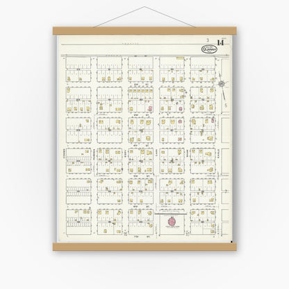 Old map wall art mockup — magnetic wood frame on white wall — Sanborn Fire Insurance Map from Quanah, Hardeman County, Texas (1921), Sheet #0014