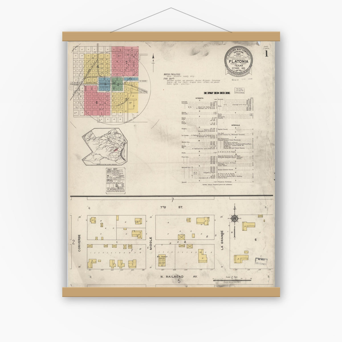 Old map wall art mockup — magnetic wood frame on white wall — Sanborn Fire Insurance Map from Flatonia, Fayette County, Texas (1922) - Complete Map Set