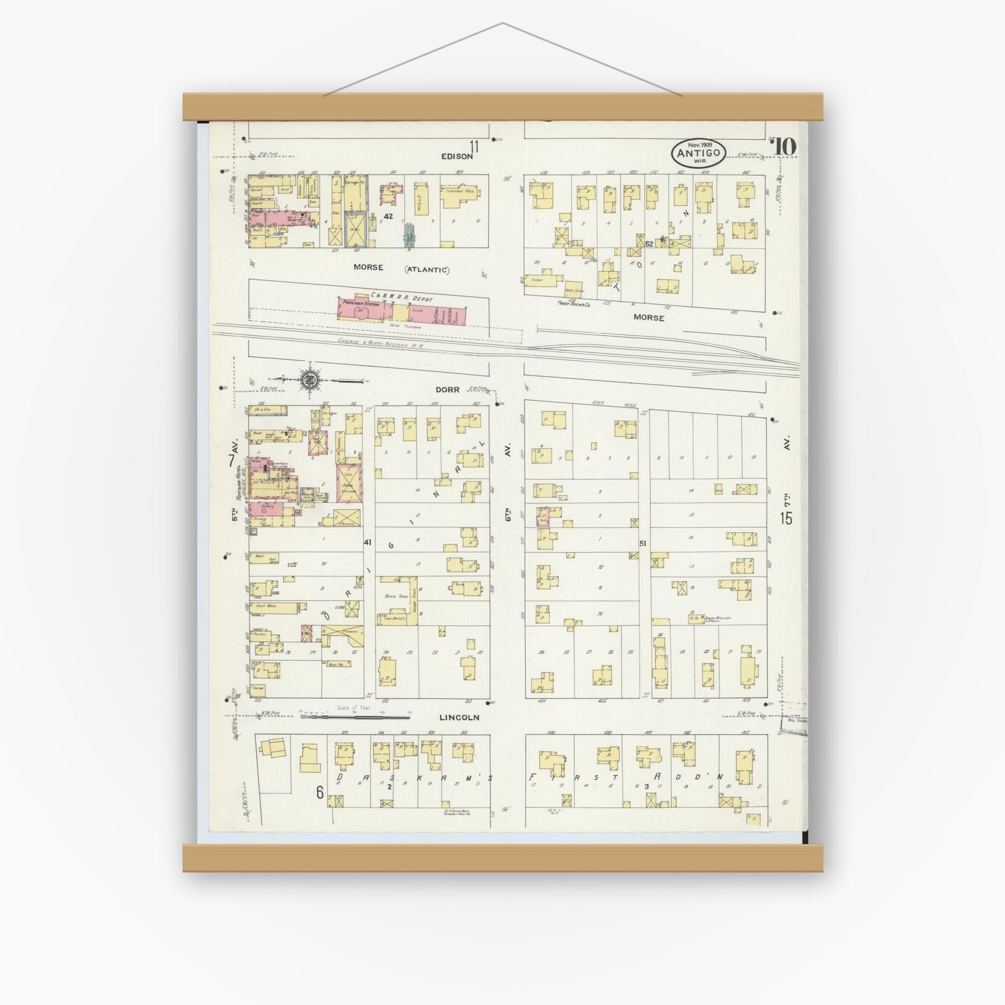 Old map wall art mockup — magnetic wood frame on white wall — Sanborn Fire Insurance Map from Antigo, Langlade County, Wisconsin (1909), Sheet #0010
