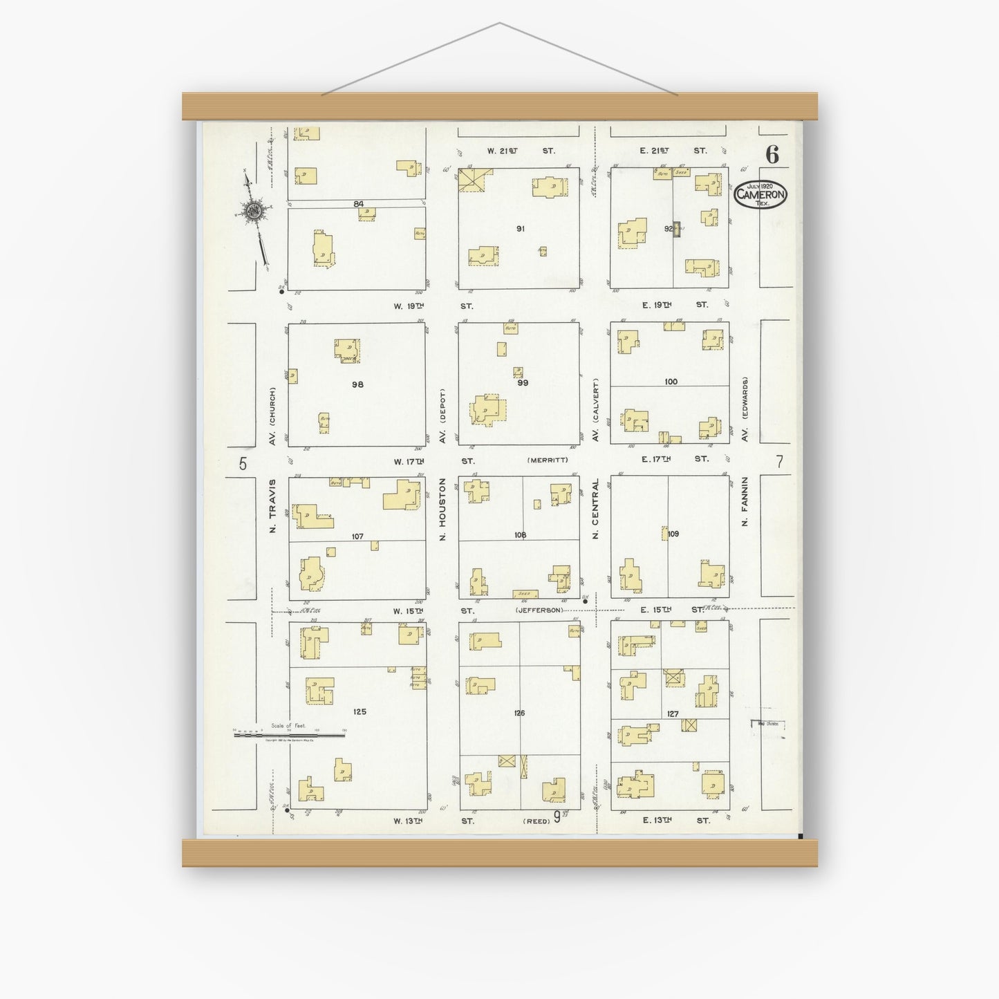 Old map wall art mockup — magnetic wood frame on white wall — Sanborn Fire Insurance Map from Cameron, Milam County, Texas (1920), Sheet #0006