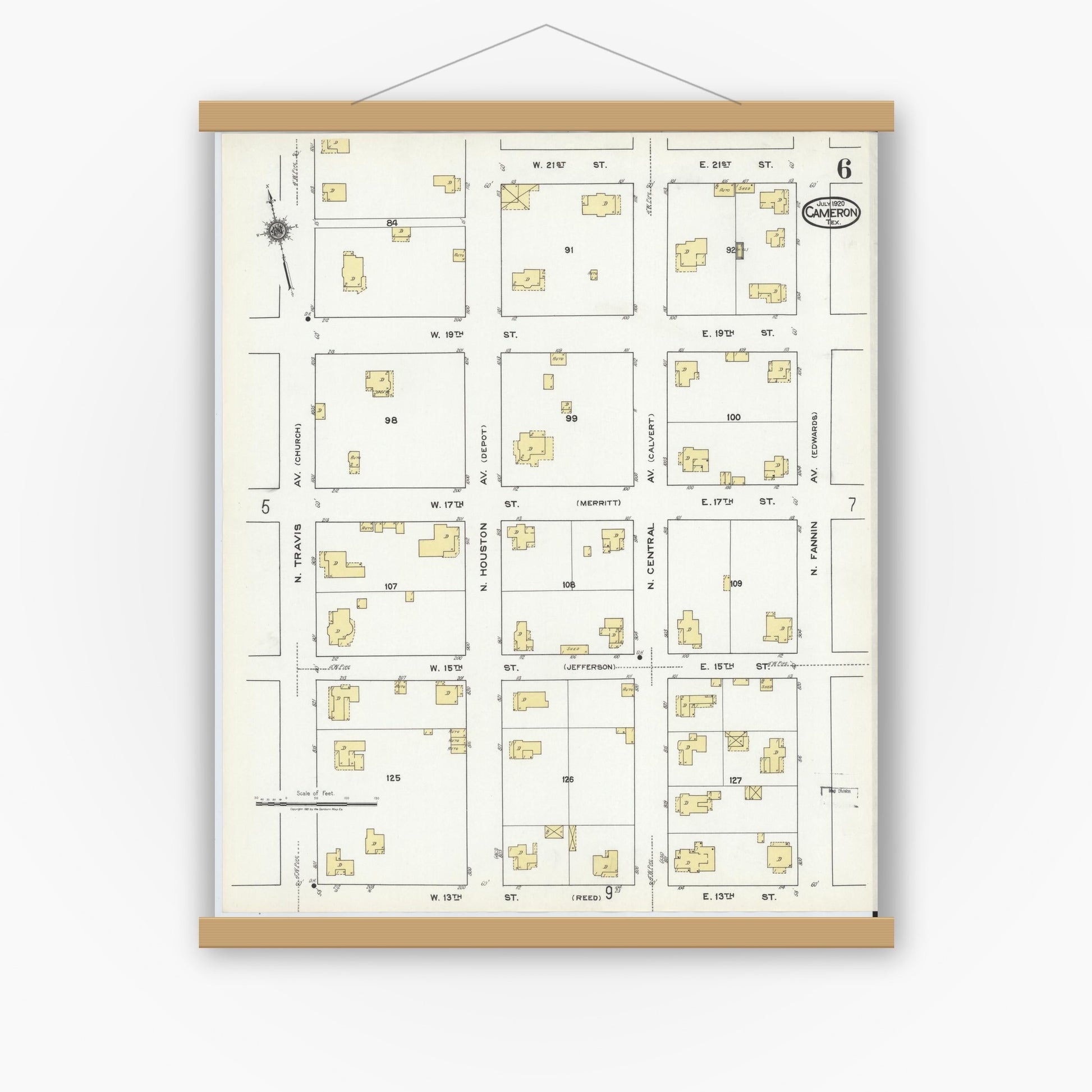 Old map wall art mockup — magnetic wood frame on white wall — Sanborn Fire Insurance Map from Cameron, Milam County, Texas (1920), Sheet #0006