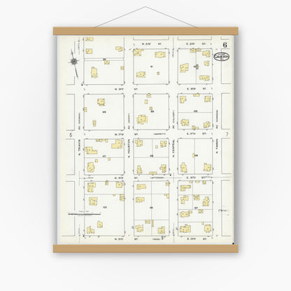 Old map wall art mockup — magnetic wood frame on white wall — Sanborn Fire Insurance Map from Cameron, Milam County, Texas (1920), Sheet #0006