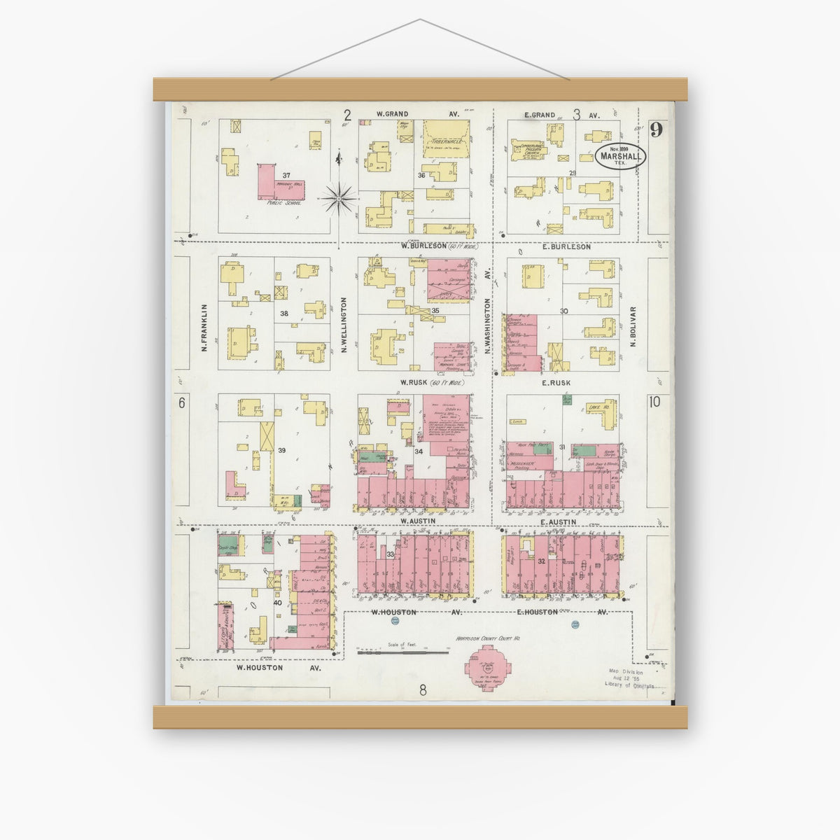 Old map wall art mockup — magnetic wood frame on white wall — Sanborn Fire Insurance Map from Marshall, Harrison County, Texas (1899), Sheet #0009