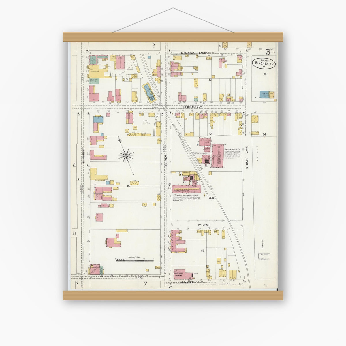 Old map wall art mockup — magnetic wood frame on white wall — Sanborn Fire Insurance Map from Winchester, Independent Cities, Virginia (1903), Sheet #0005