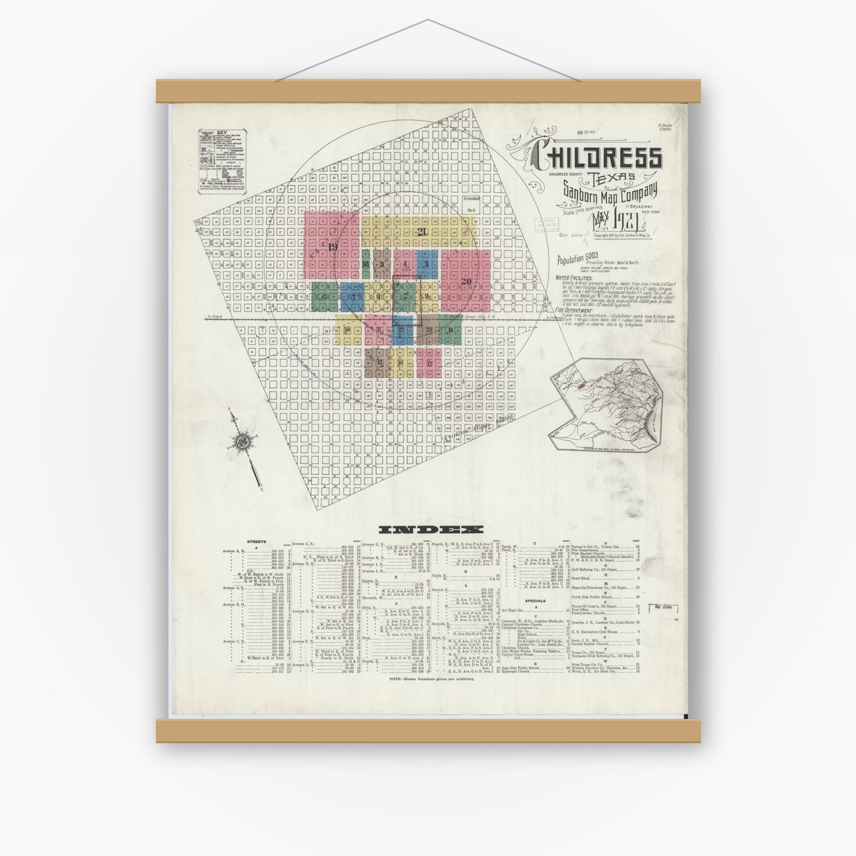 Old map wall art mockup — magnetic wood frame on white wall — Sanborn Fire Insurance Map from Childress, Childress County, Texas (1921), Sheet #0001