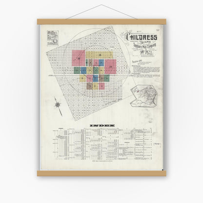 Old map wall art mockup — magnetic wood frame on white wall — Sanborn Fire Insurance Map from Childress, Childress County, Texas (1921), Sheet #0001