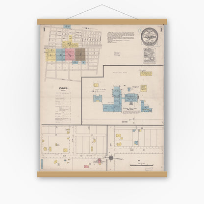 Old map wall art mockup — magnetic wood frame on white wall — Sanborn Fire Insurance Map from Lancaster, Los Angeles County, California (1923), Sheet #0001