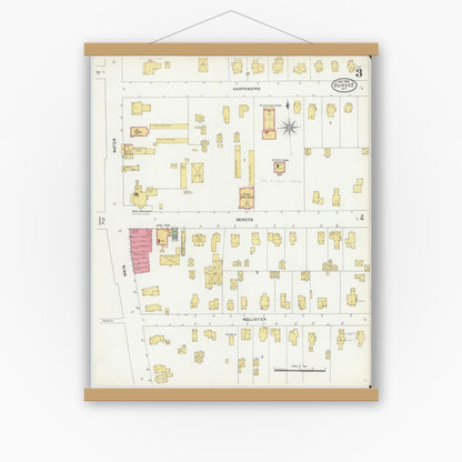 Old map wall art mockup — magnetic wood frame on white wall — Sanborn Fire Insurance Map from Dundee, Yates County, New York (1904), Sheet #0003