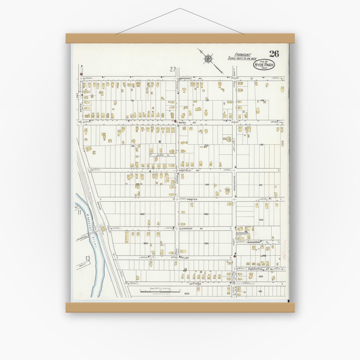 Old map wall art mockup — magnetic wood frame on white wall — Sanborn Fire Insurance Map from Hyde Park, Norfolk County, Massachusetts (1917), Sheet #0026