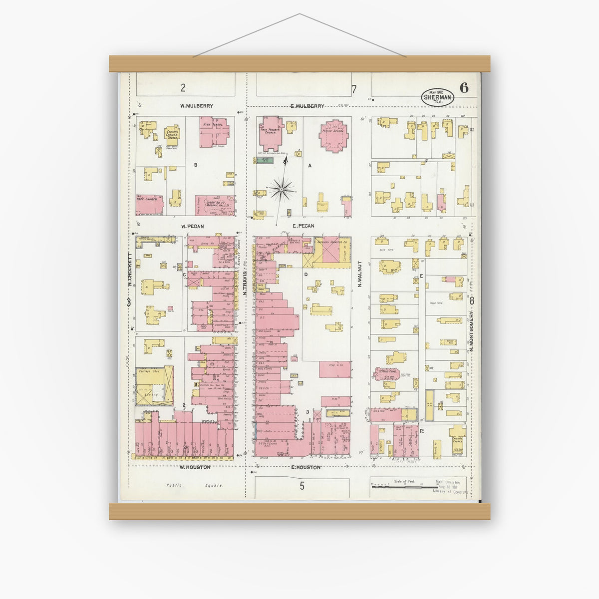 Old map wall art mockup — magnetic wood frame on white wall — Sanborn Fire Insurance Map from Sherman, Grayson County, Texas (1902), Sheet #0006