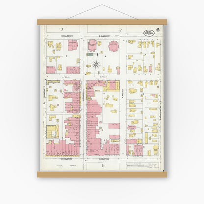 Old map wall art mockup — magnetic wood frame on white wall — Sanborn Fire Insurance Map from Sherman, Grayson County, Texas (1902), Sheet #0006