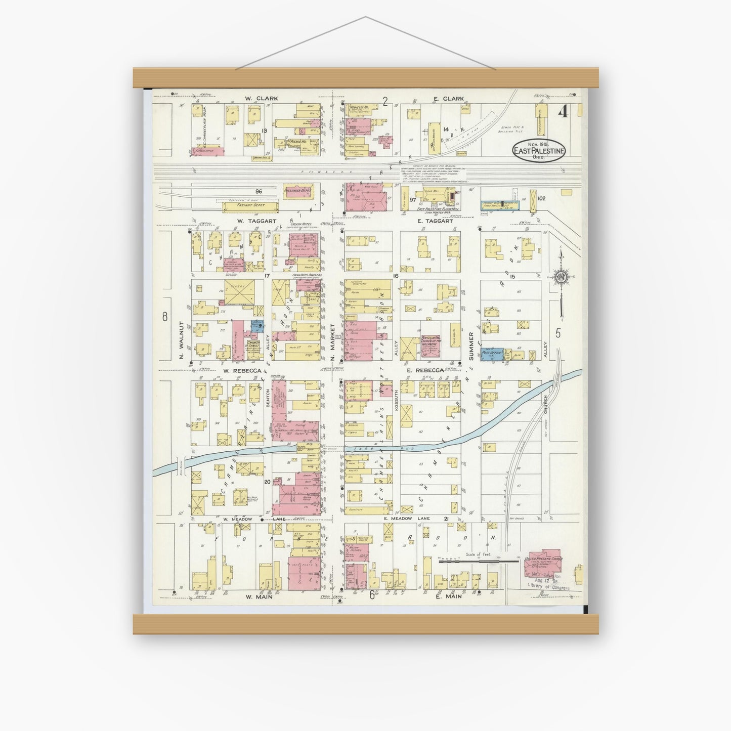 Old map wall art mockup — magnetic wood frame on white wall — Sanborn Fire Insurance Map from East Palestine, Columbiana County, Ohio (1915), Sheet #0004