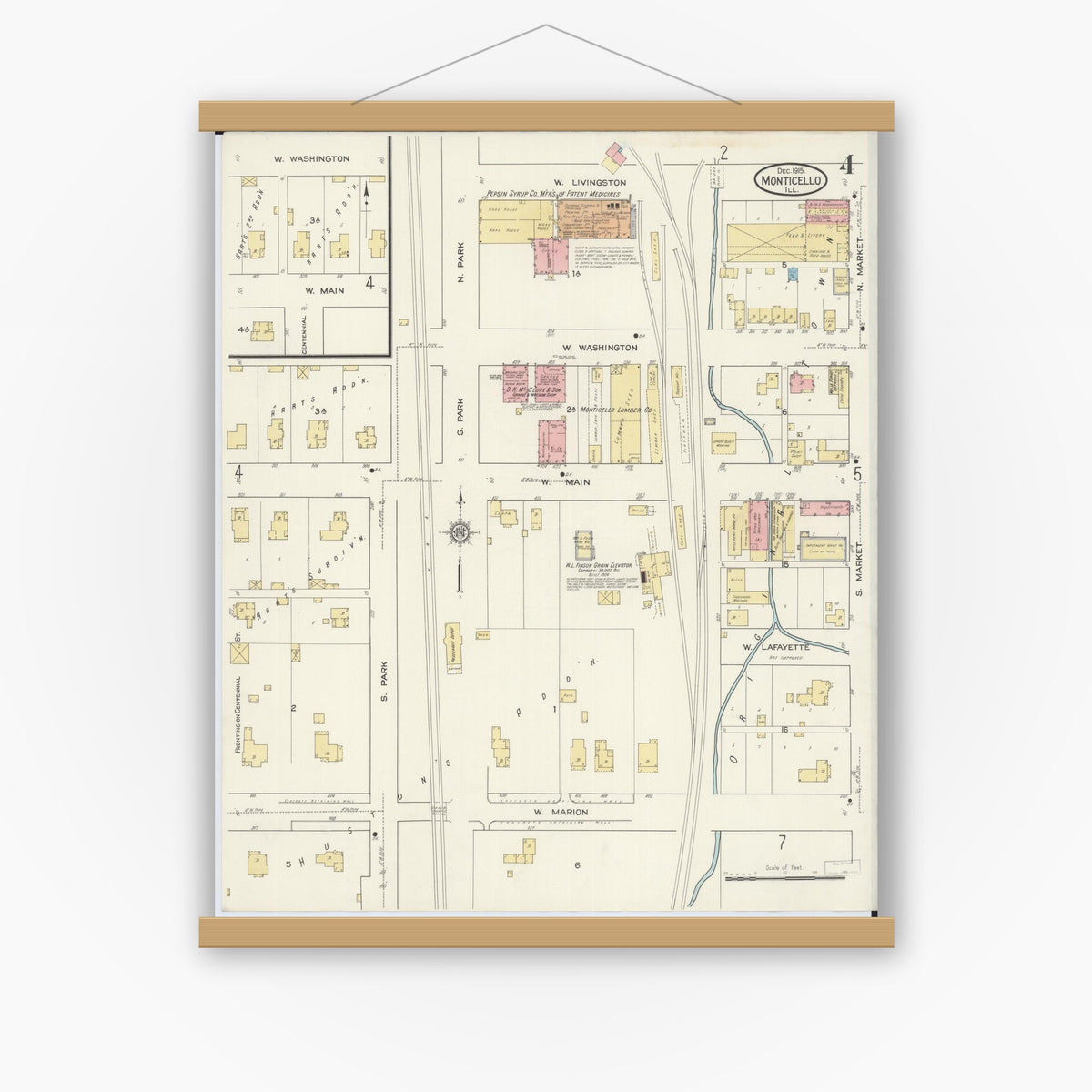 Old map wall art mockup — magnetic wood frame on white wall — Sanborn Fire Insurance Map from Monticello, Piatt County, Illinois (1915), Sheet #0004