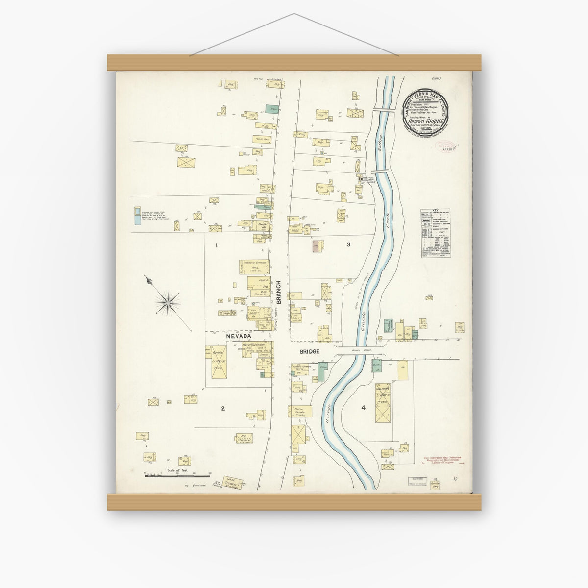 Old map wall art mockup — magnetic wood frame on white wall — Sanborn Fire Insurance Map from Arroyo Grande, San Luis Obispo County, California (1890), Sheet #0001