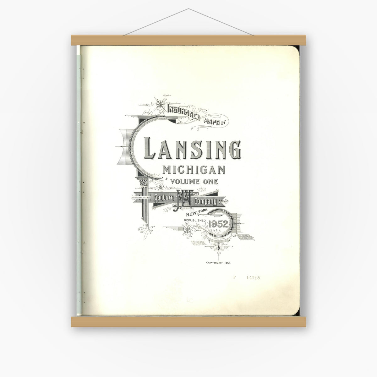 Old map wall art mockup — magnetic wood frame on white wall — Sanborn Fire Insurance Map from Lansing, Ingham County, Michigan (1953), Sheet #0001