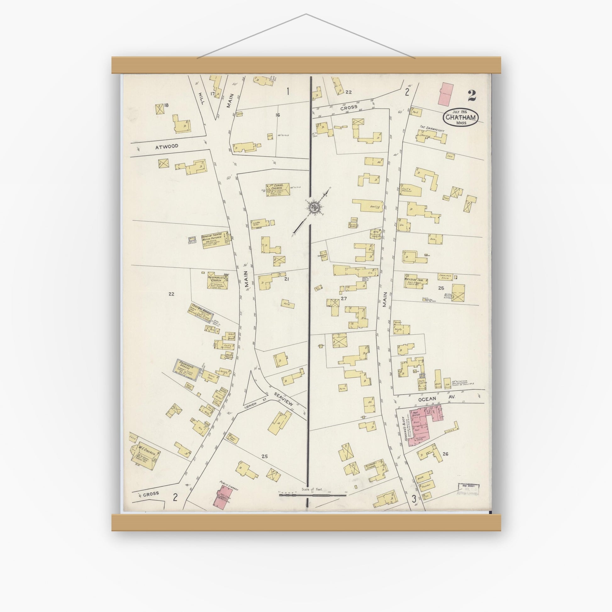 Old map wall art mockup — magnetic wood frame on white wall — Sanborn Fire Insurance Map from Chatham, Barnstable County, Massachusetts (1915), Sheet #0002