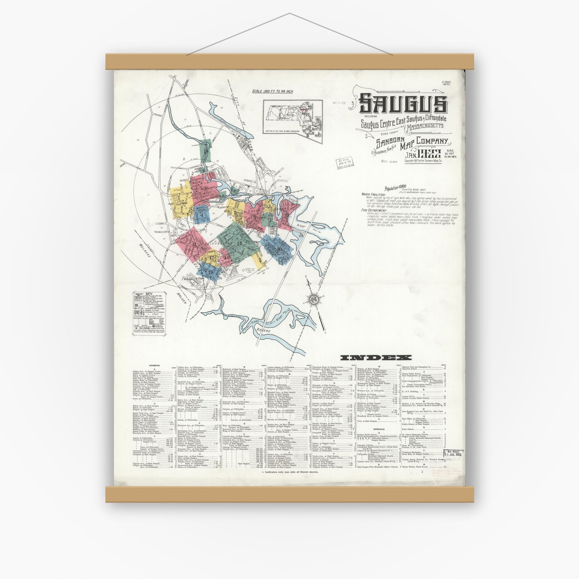 Old map wall art mockup — magnetic wood frame on white wall — Sanborn Fire Insurance Map from Saugus, Essex County, Massachusetts (1922), Sheet #0001