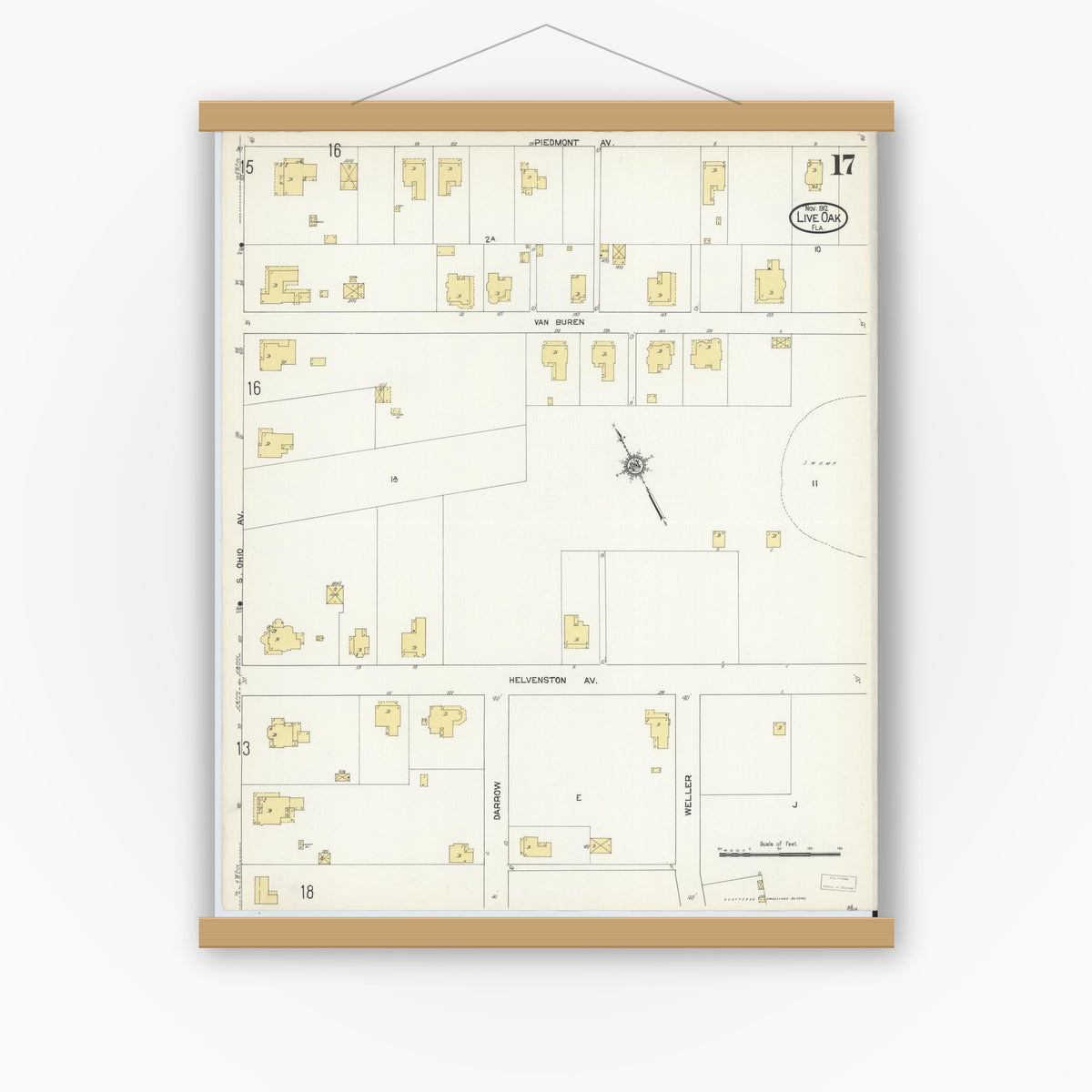 Old map wall art mockup — magnetic wood frame on white wall — Sanborn Fire Insurance Map from Live Oak, Suwanee County, Florida (1912), Sheet #0017