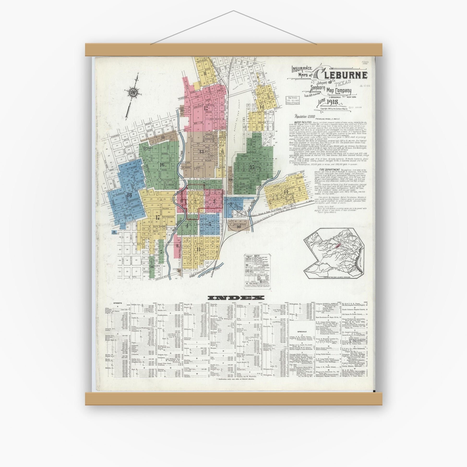 Old map wall art mockup — magnetic wood frame on white wall — Sanborn Fire Insurance Map from Cleburne, Johnson County, Texas (1918), Sheet #0001