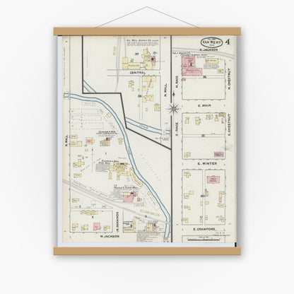 Old map wall art mockup — magnetic wood frame on white wall — Sanborn Fire Insurance Map from Van Wert, Van Wert County, Ohio (1890), Sheet #0004