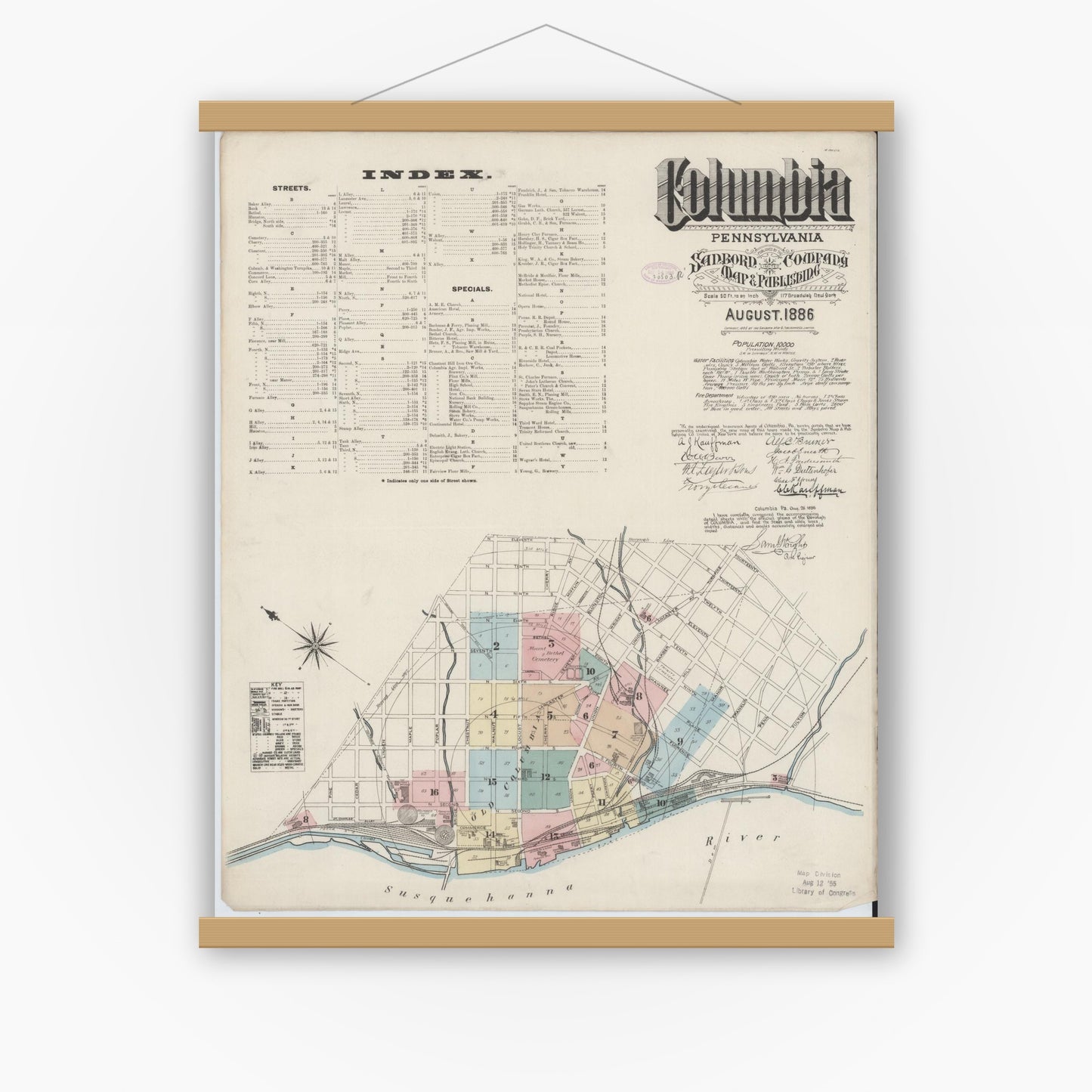 Old map wall art mockup — magnetic wood frame on white wall — Sanborn Fire Insurance Map from Columbia, Lancaster County, Pennsylvania (1886) - Complete Map Set
